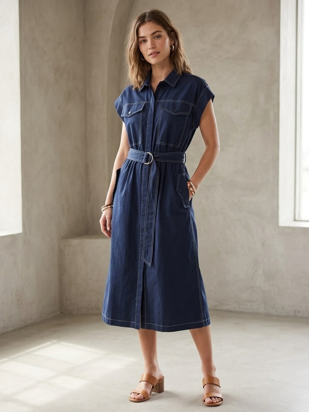 Free Assembly Belted Utility Midi Dress, Dark Blue Denim White Stitching Large